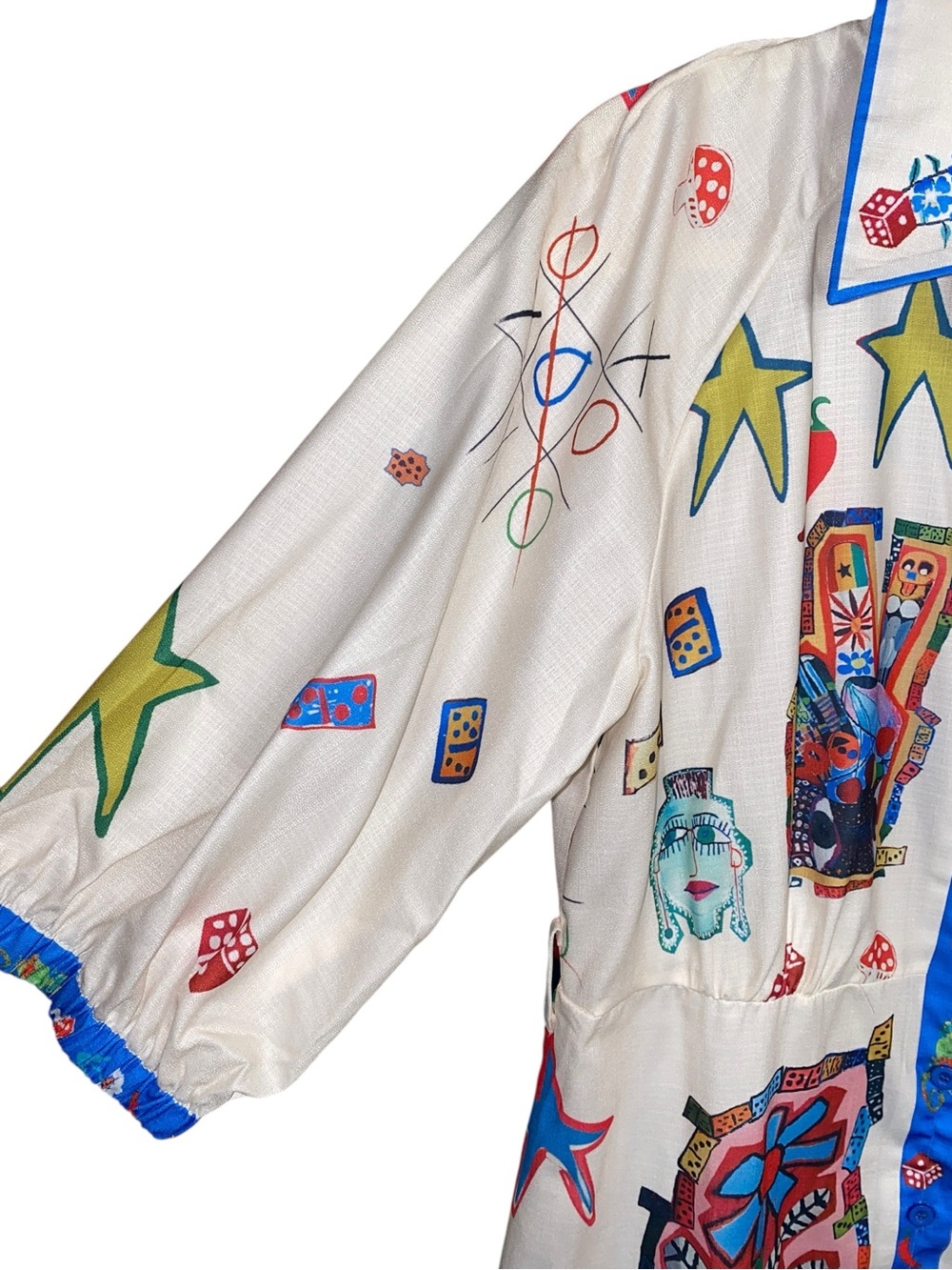 White/Blue Pop Art Knee Length Shirt Dress, Size Large - Picture 3 of 8